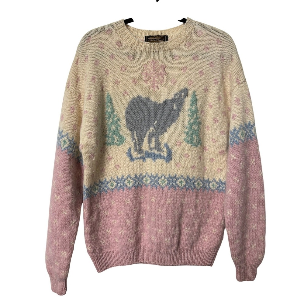 Vintage 1990 Eddie Bauer Wool Wolf Sweater Pink Cream Fair Isle Knit Large